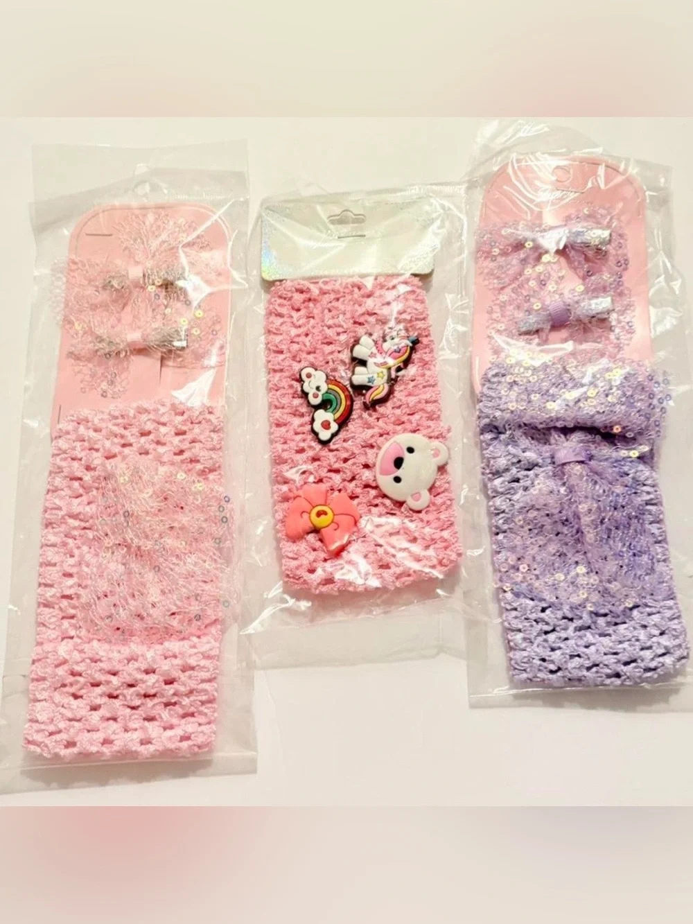 Kids Crochet Headbands with Cute Charms - Pink, Purple, Blue, Set of 12